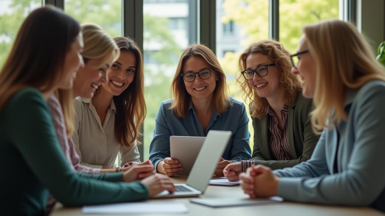 Diverse group of Sylvan Health founders, professionals aged 35-55, smiling confidently in a modern, light-filled office against a backdrop of Portland's green hills.