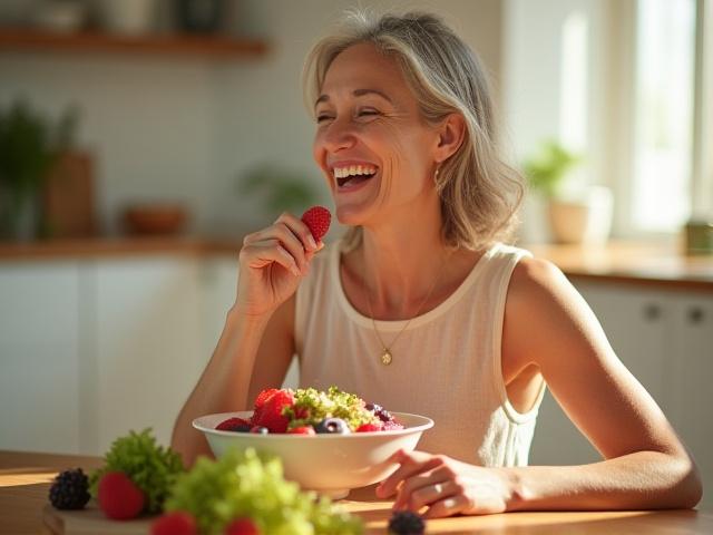 Woman enjoying a light, healthy meal in a bright kitchen, symbolizing good metabolism.
