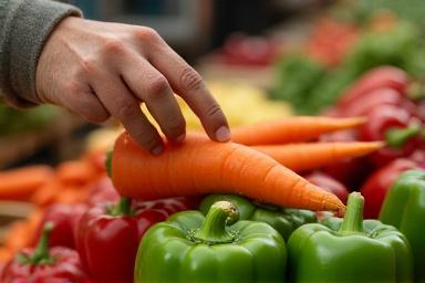 A person mindfully selecting fresh vegetables at a farmer's market, emphasizing healthy nutrition.